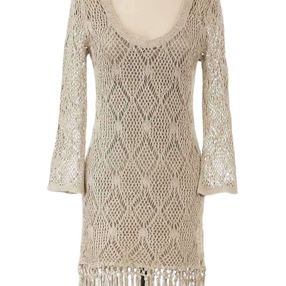 NWT Cotton By Autumn Cashmere Crochet Top Fringed Beige Extra Small